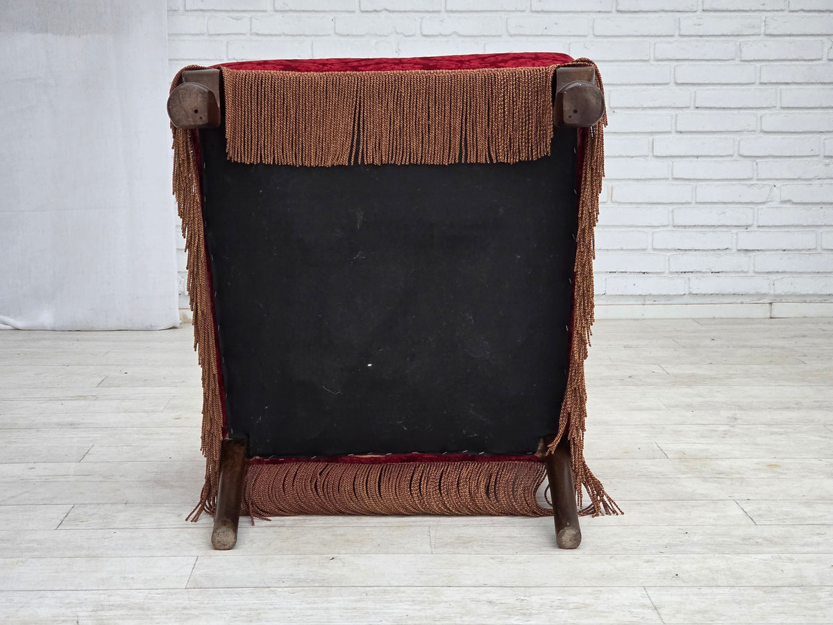1950s, Danish vintage armchair, furniture velour, oak wood.