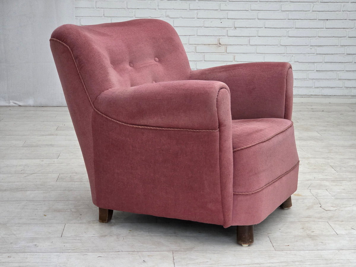 1960s, Danish relax armchair, furniture velour, oak wood.