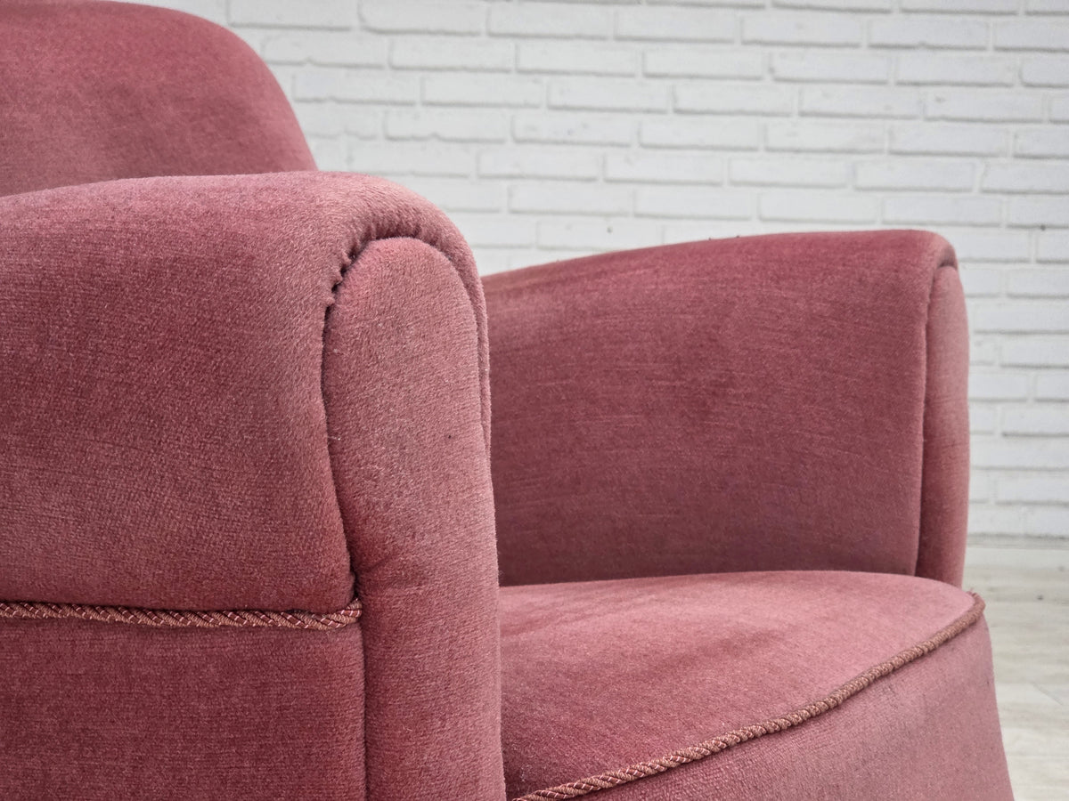 1960s, Danish relax armchair, furniture velour, oak wood.