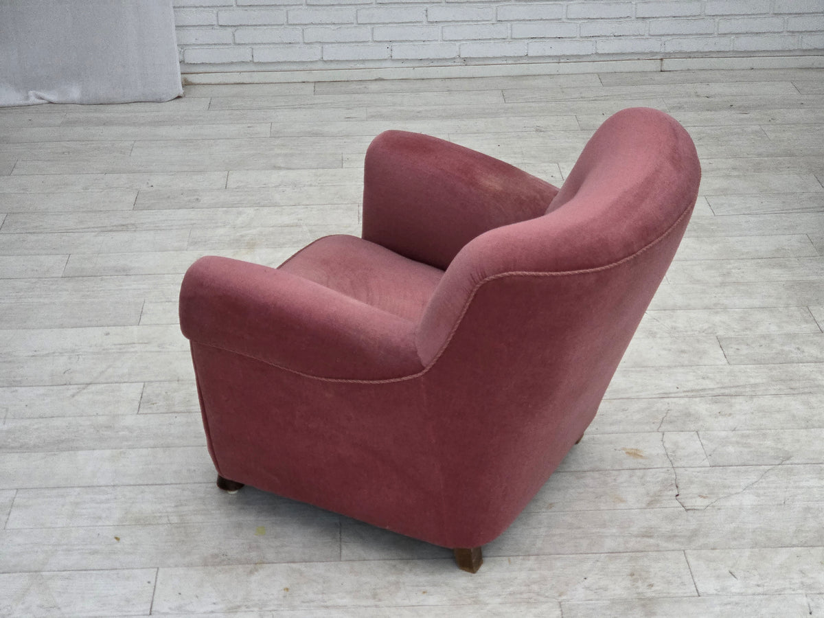 1960s, Danish relax armchair, furniture velour, oak wood.