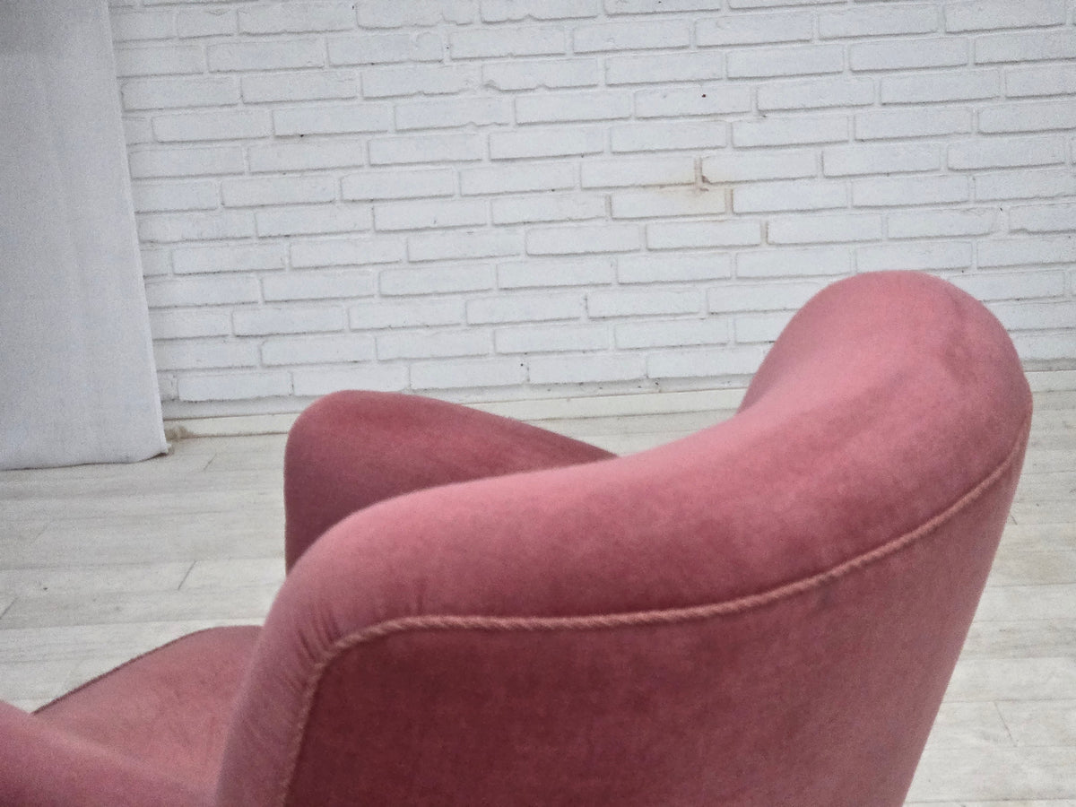 1960s, Danish relax armchair, furniture velour, oak wood.