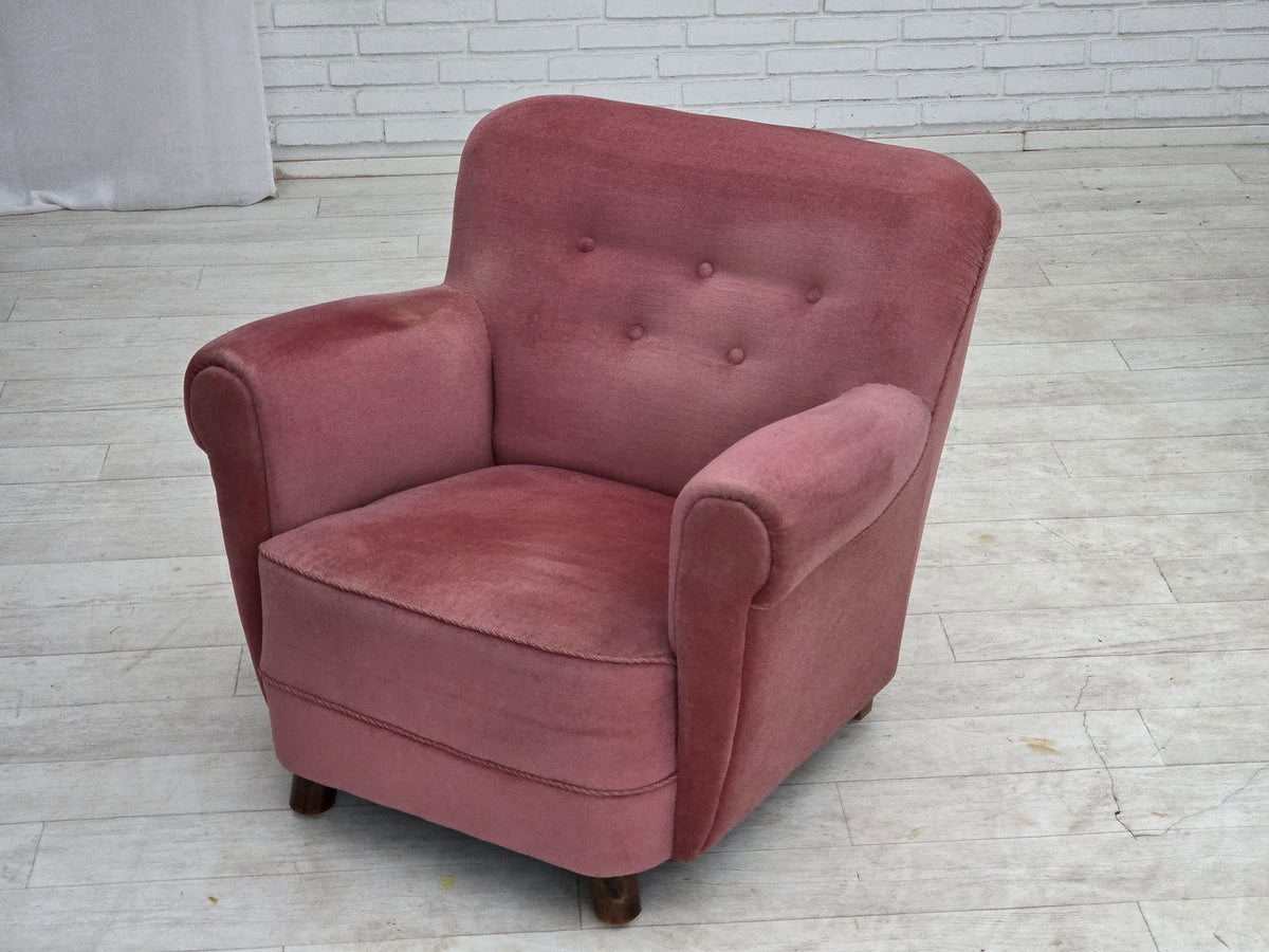 1960s, Danish relax armchair, furniture velour, oak wood.