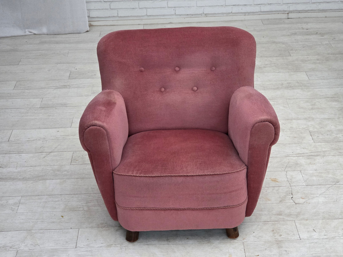 1960s, Danish relax armchair, furniture velour, oak wood.