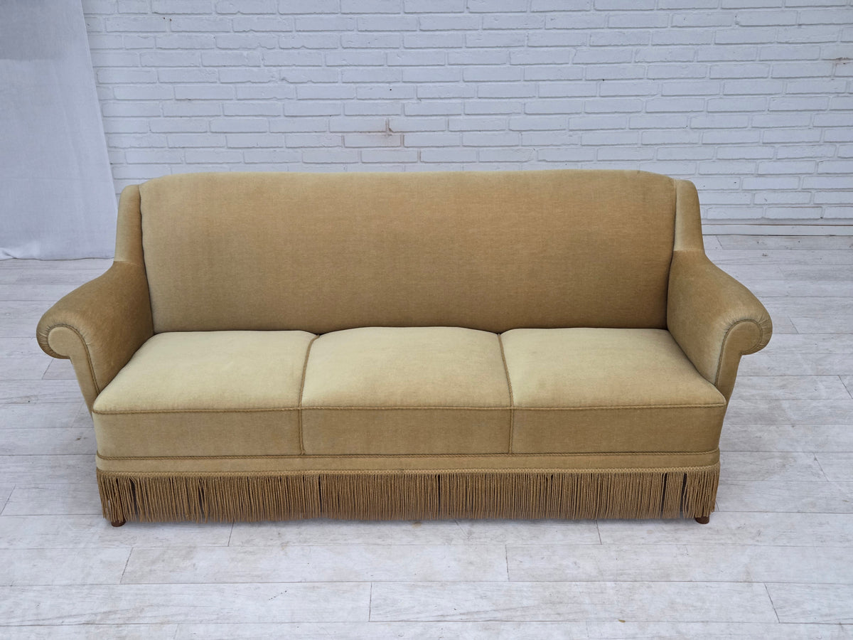 1970s, Danish 3-seater sofa, furniture velour, oak wood.