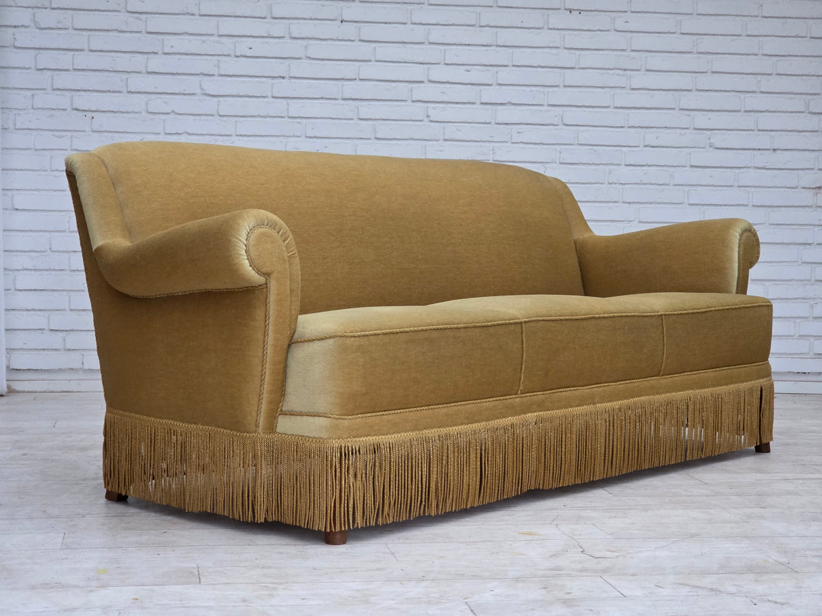 1970s, Danish 3-seater sofa, furniture velour, oak wood.