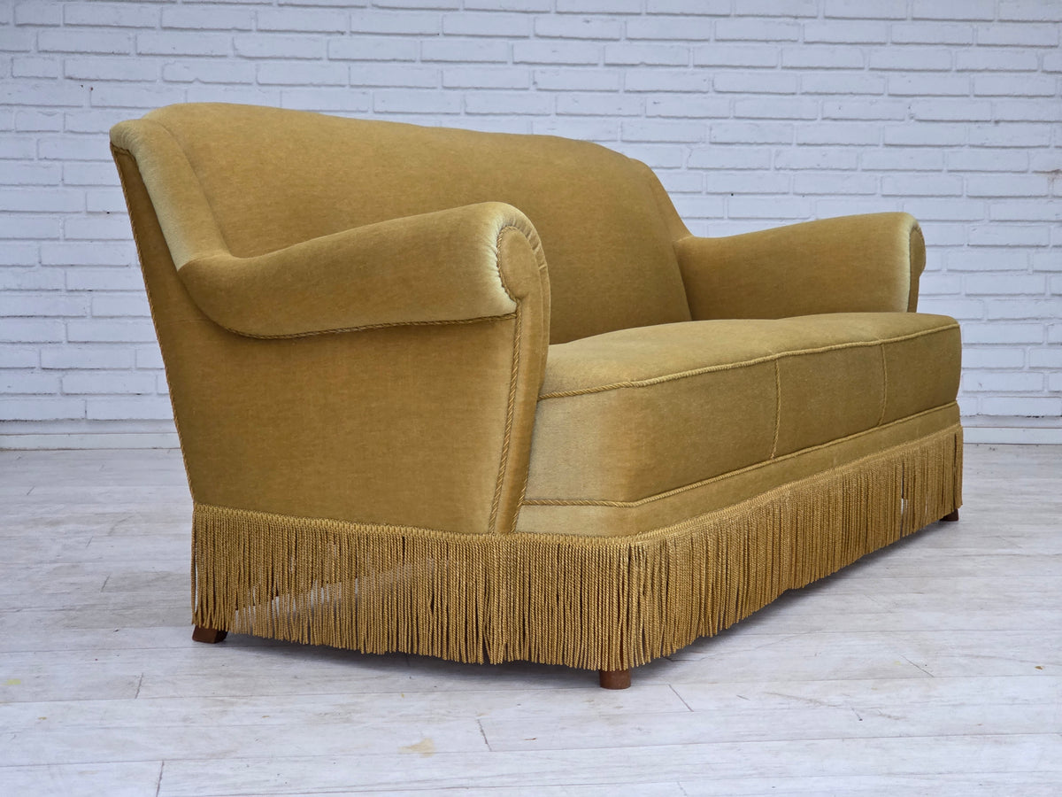1970s, Danish 3-seater sofa, furniture velour, oak wood.