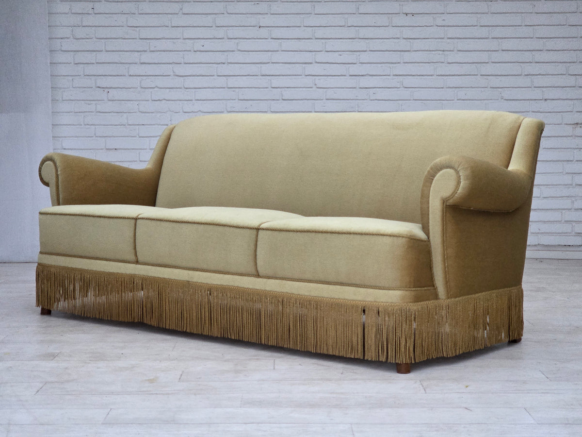 1970s, Danish 3-seater sofa, furniture velour, oak wood.