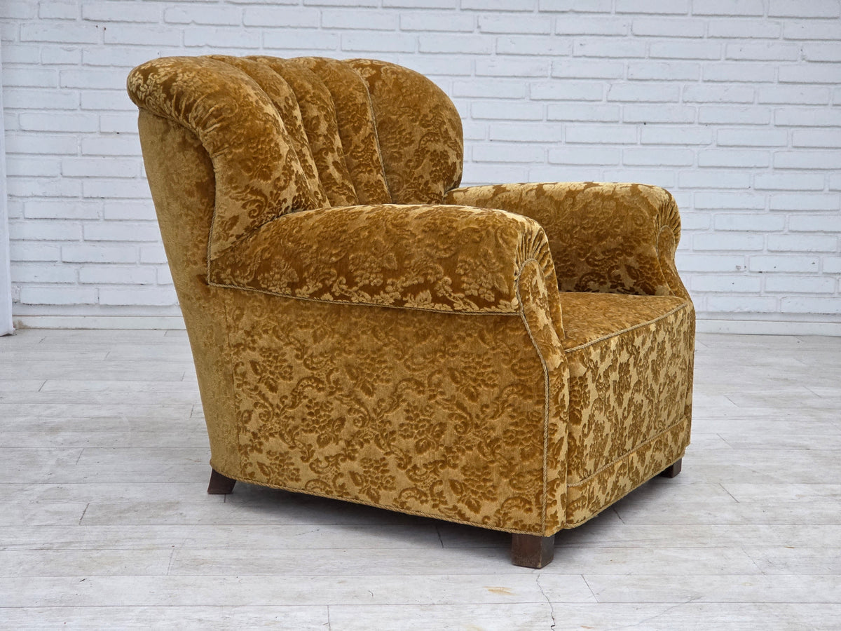 1960s, Danish relax armchair, furniture velour, oak wood.