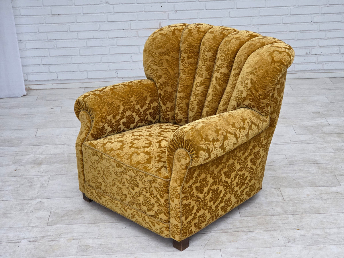 1960s, Danish relax armchair, furniture velour, oak wood.