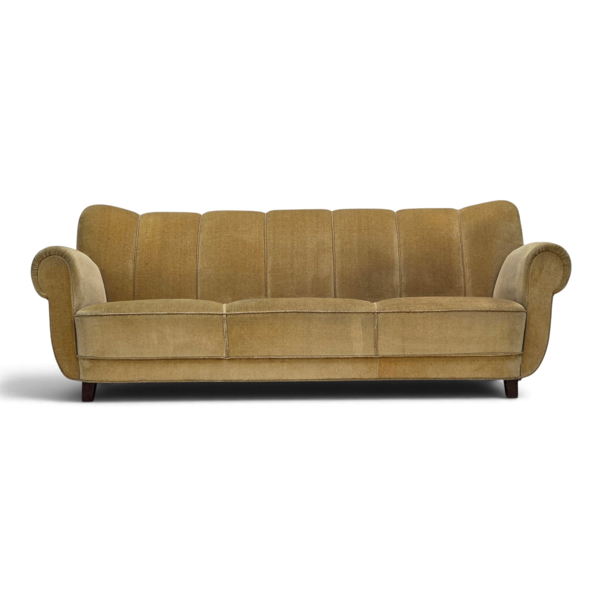 1960s, Danish 3-seater sofa, light green furniture velour, oak wood.