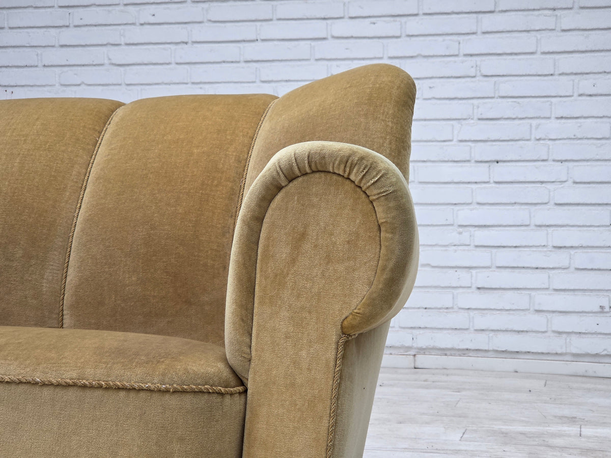1960s, Danish 3-seater sofa, light green furniture velour, oak wood.