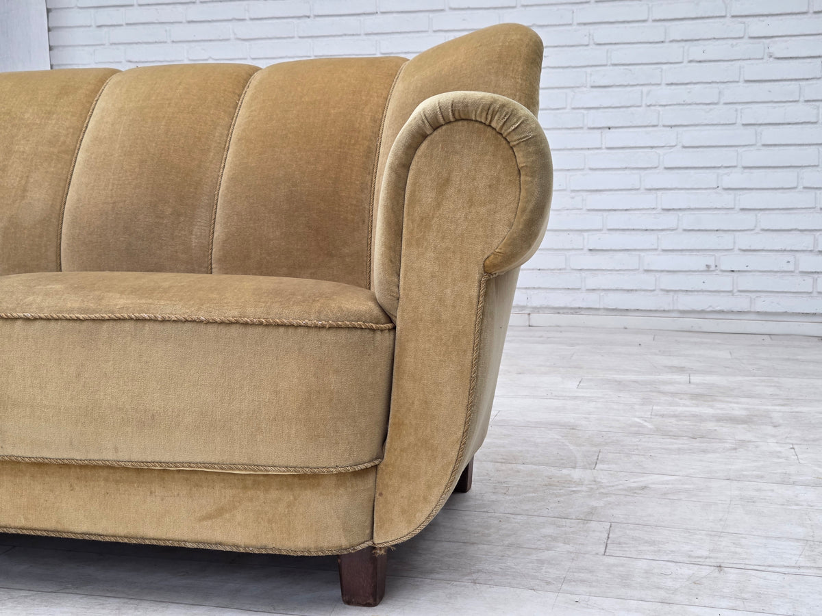 1960s, Danish 3-seater sofa, light green furniture velour, oak wood.