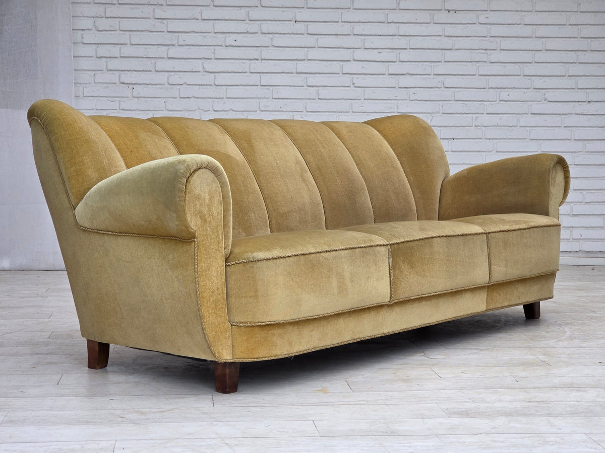 1960s, Danish 3-seater sofa, light green furniture velour, oak wood.