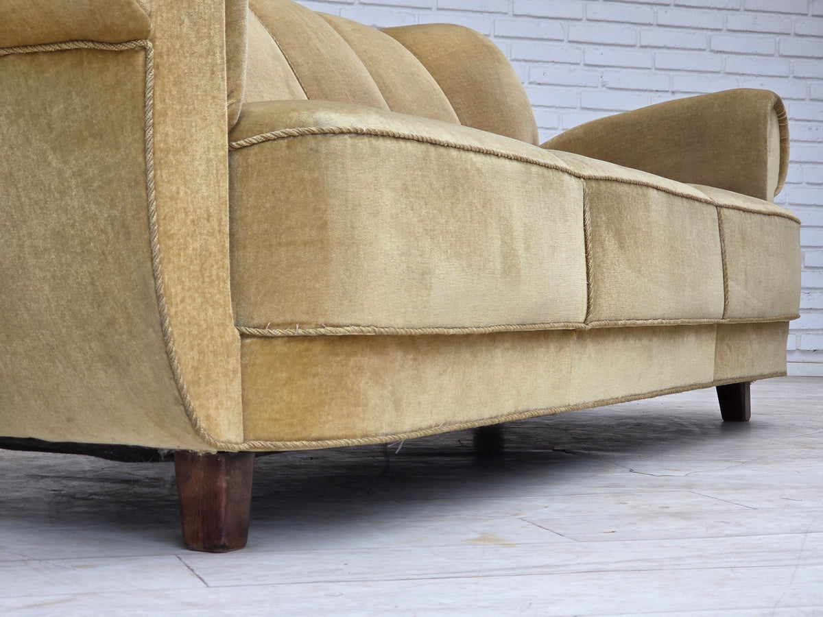 1960s, Danish 3-seater sofa, light green furniture velour, oak wood.