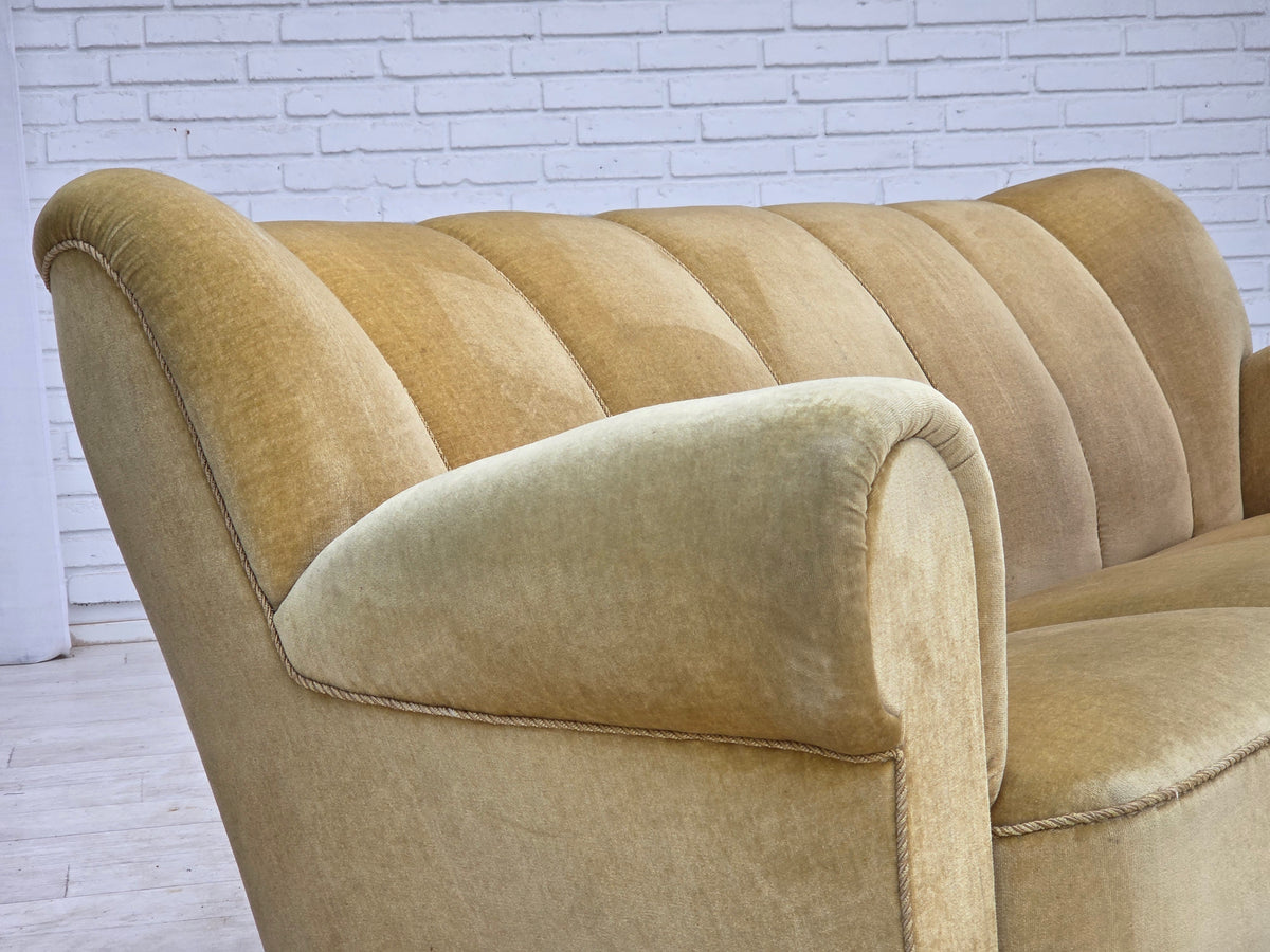 1960s, Danish 3-seater sofa, light green furniture velour, oak wood.