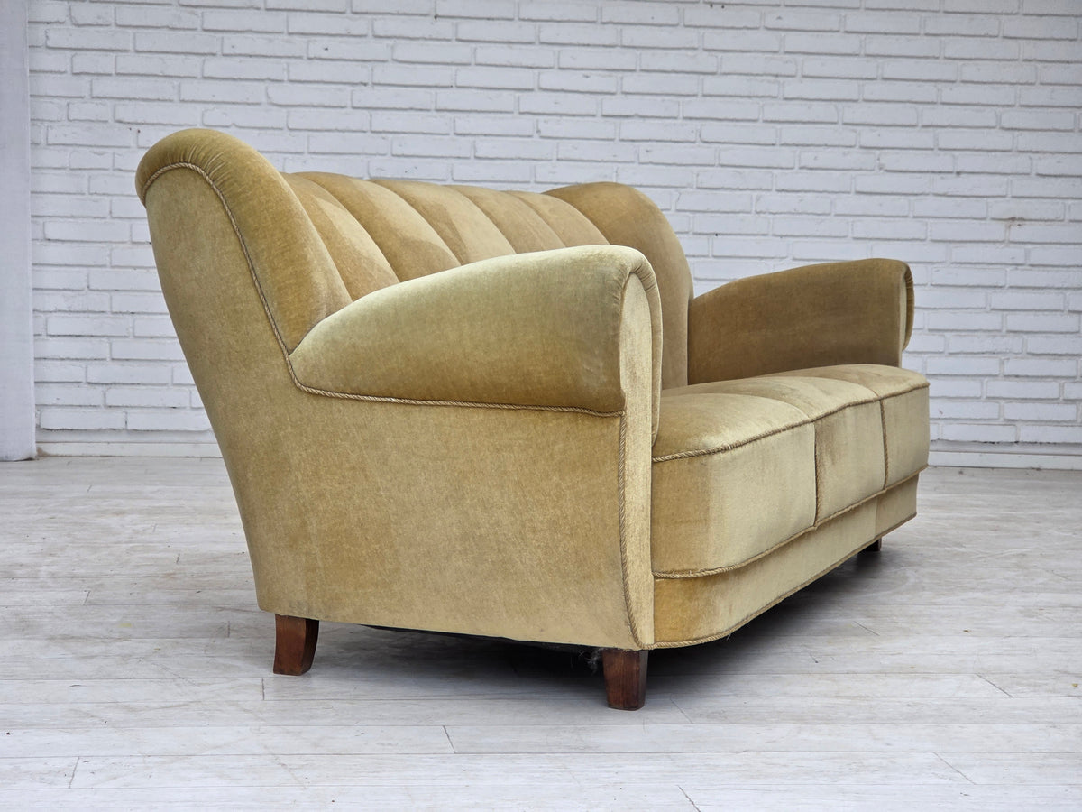 1960s, Danish 3-seater sofa, light green furniture velour, oak wood.