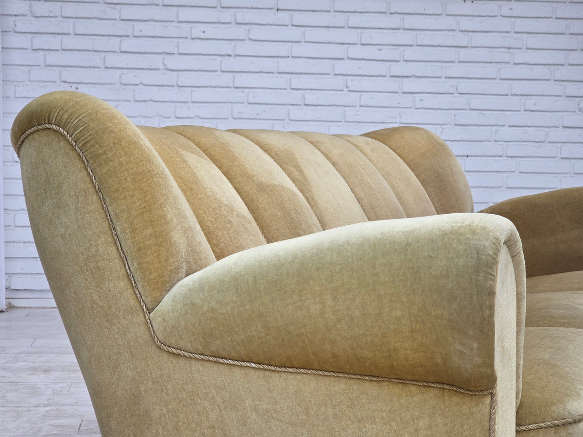 1960s, Danish 3-seater sofa, light green furniture velour, oak wood.
