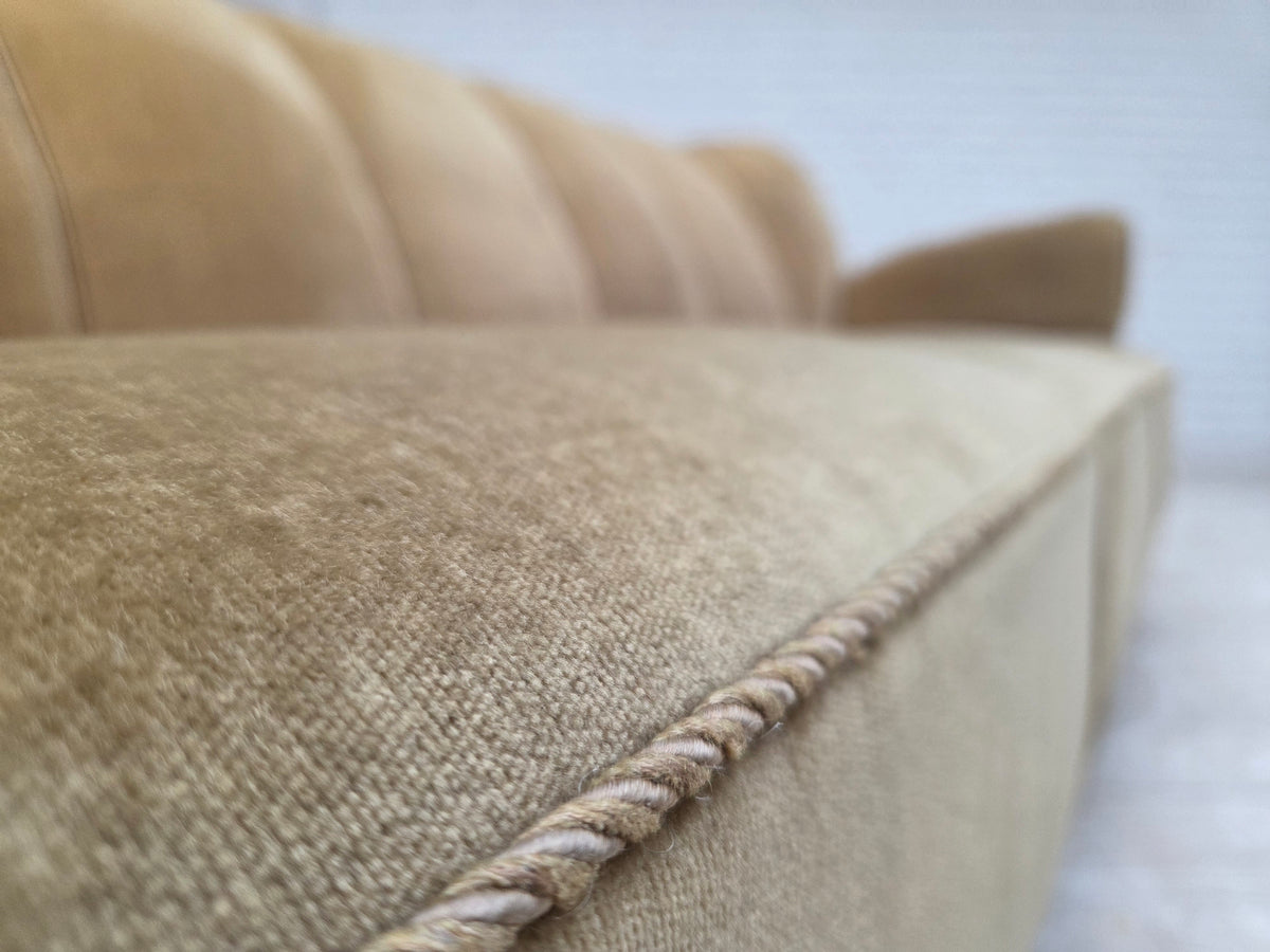 1960s, Danish 3-seater sofa, light green furniture velour, oak wood.