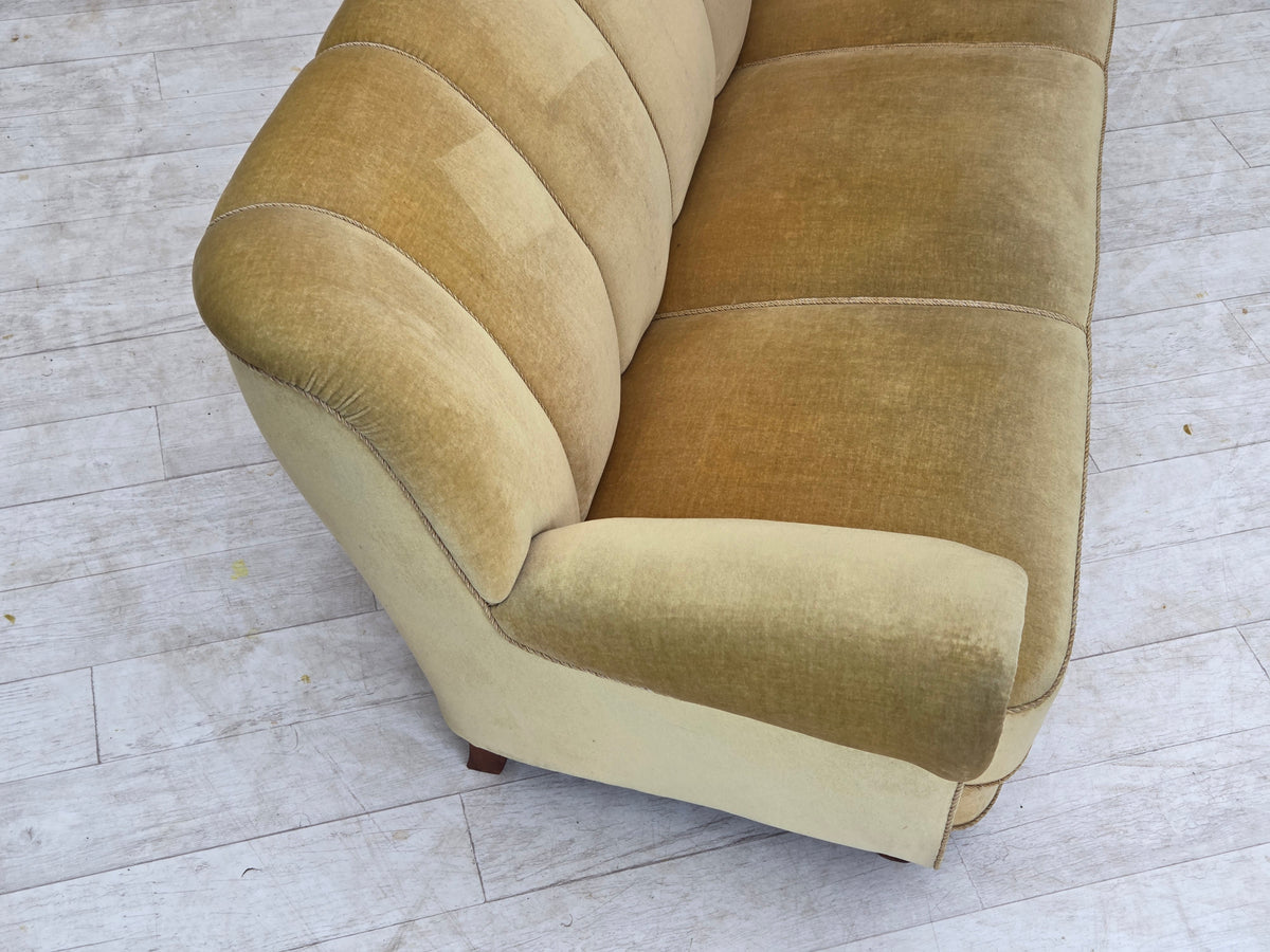 1960s, Danish 3-seater sofa, light green furniture velour, oak wood.