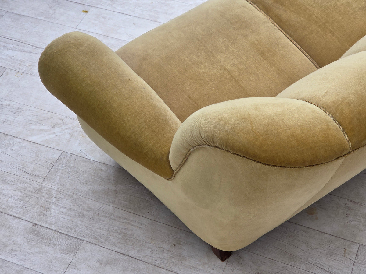 1960s, Danish 3-seater sofa, light green furniture velour, oak wood.