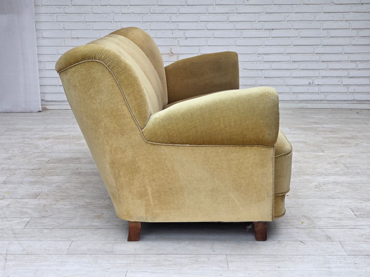 1960s, Danish 3-seater sofa, light green furniture velour, oak wood.