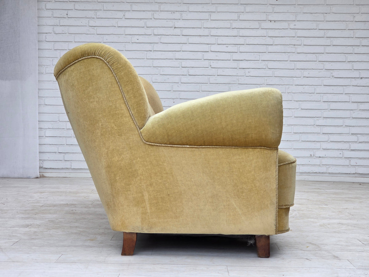 1960s, Danish 3-seater sofa, light green furniture velour, oak wood.