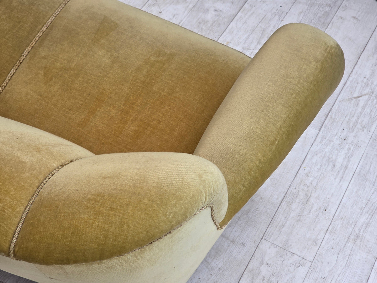 1960s, Danish 3-seater sofa, light green furniture velour, oak wood.