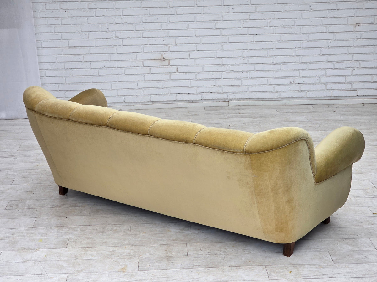1960s, Danish 3-seater sofa, light green furniture velour, oak wood.