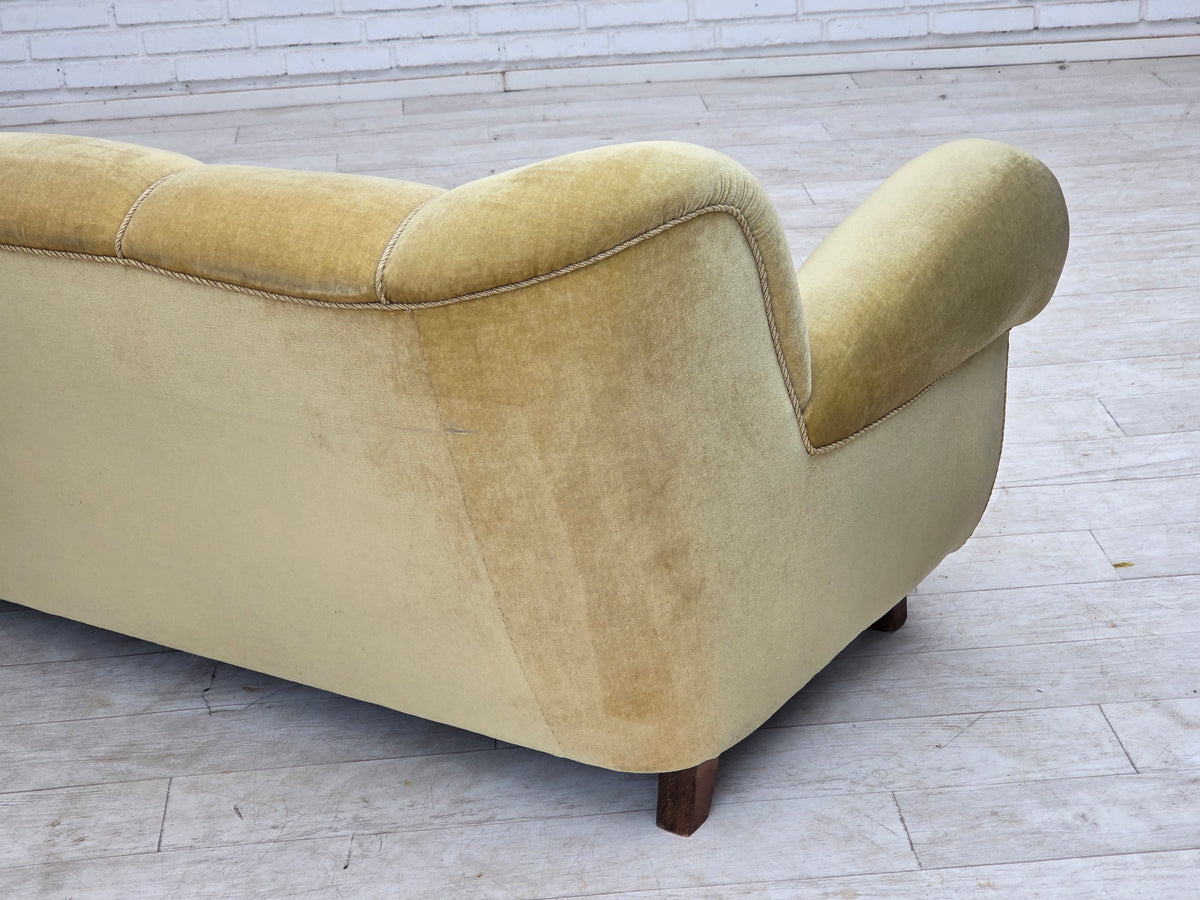 1960s, Danish 3-seater sofa, light green furniture velour, oak wood.