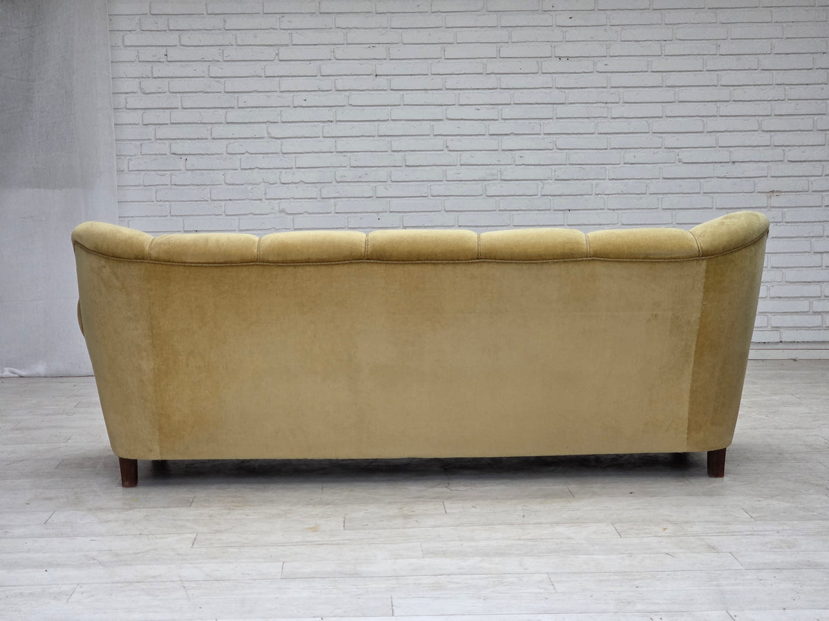 1960s, Danish 3-seater sofa, light green furniture velour, oak wood.