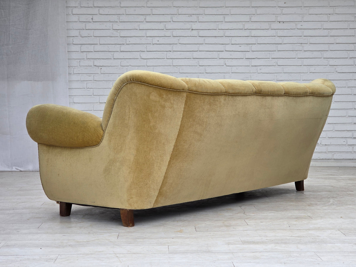 1960s, Danish 3-seater sofa, light green furniture velour, oak wood.
