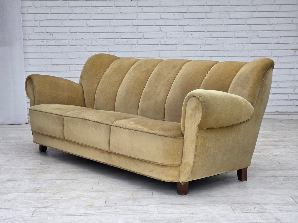 1960s, Danish 3-seater sofa, light green furniture velour, oak wood.