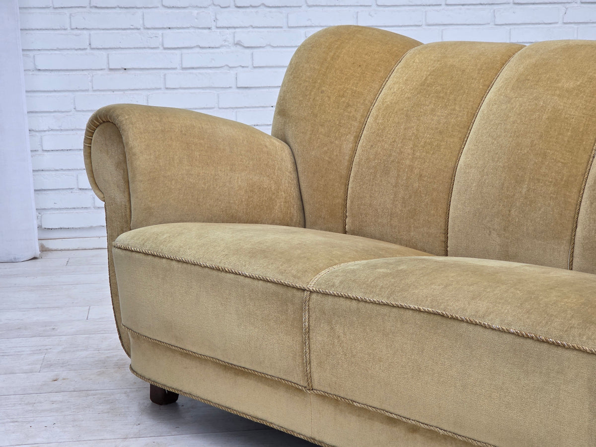 1960s, Danish 3-seater sofa, light green furniture velour, oak wood.