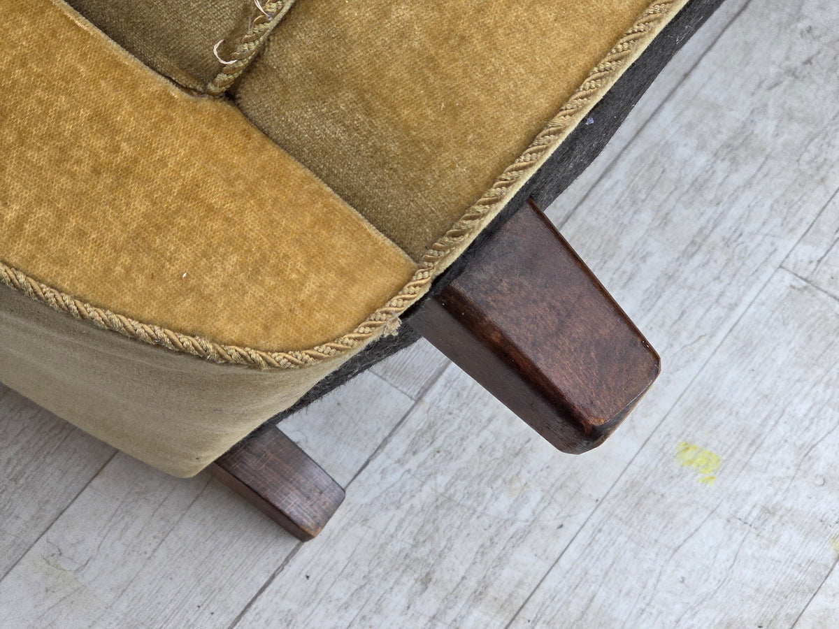 1960s, Danish 3-seater sofa, light green furniture velour, oak wood.