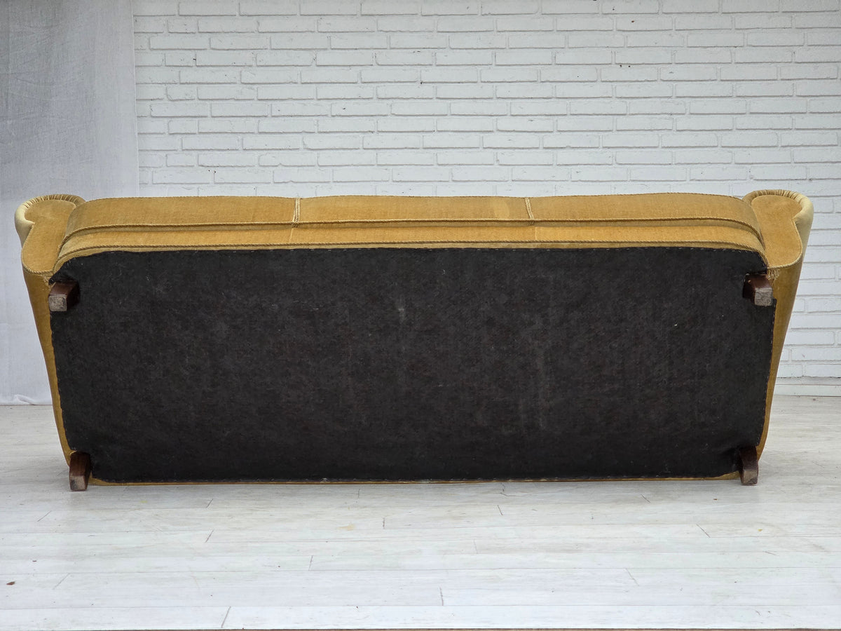 1960s, Danish 3-seater sofa, light green furniture velour, oak wood.