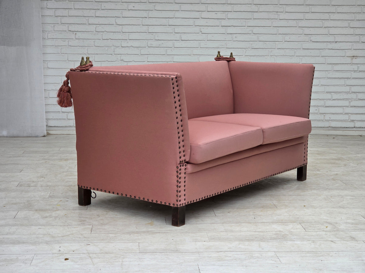 1970s, Danish 2-seater "Spanish" drop arm sofa, furniture wool.