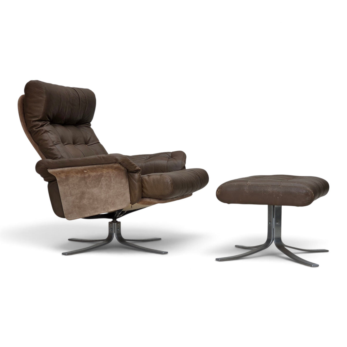 1970s, Danish swivel armchair with footstool, leather, stainless steel.