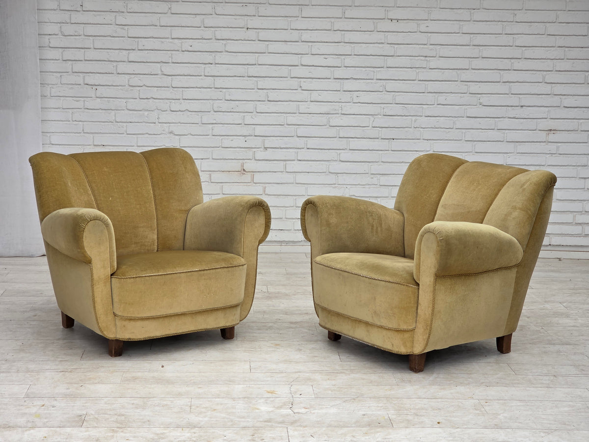 1960s, Danish relax armchair, furniture velour, oak wood.