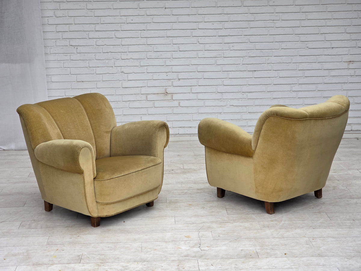 1960s, Danish relax armchair, furniture velour, oak wood.