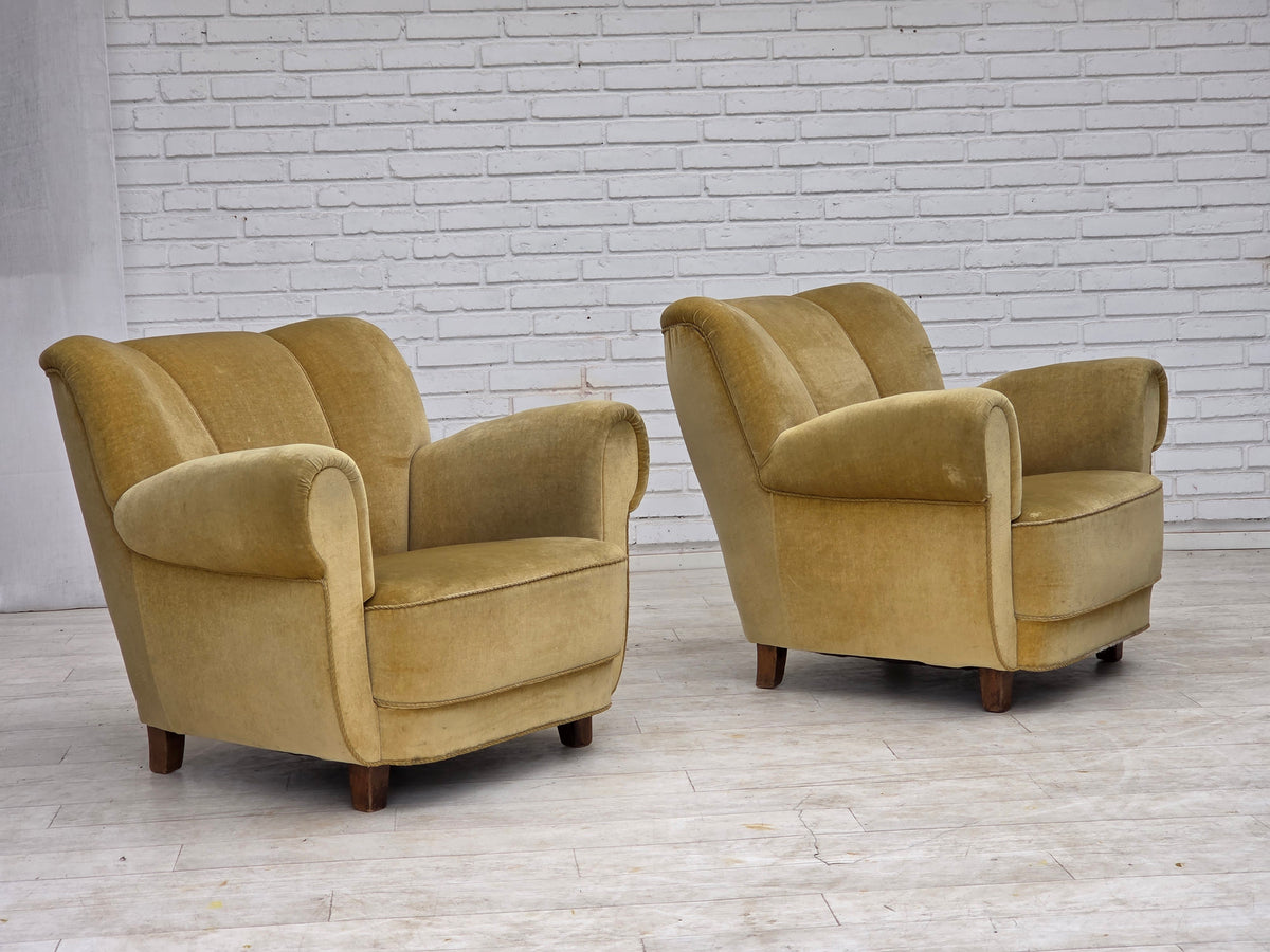 1960s, Danish relax armchair, furniture velour, oak wood.