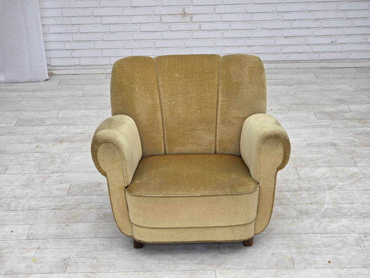 1960s, Danish relax armchair, furniture velour, oak wood.