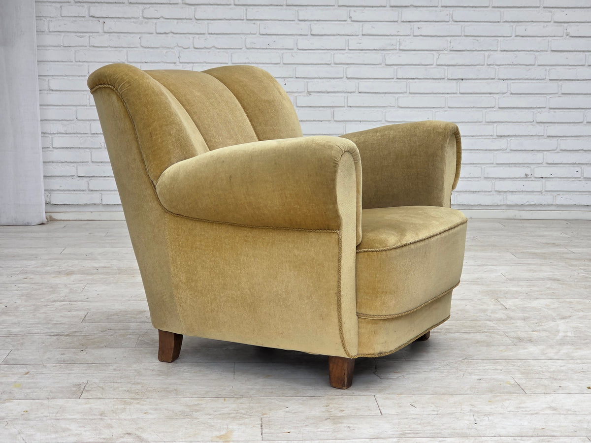 1960s, Danish relax armchair, furniture velour, oak wood.