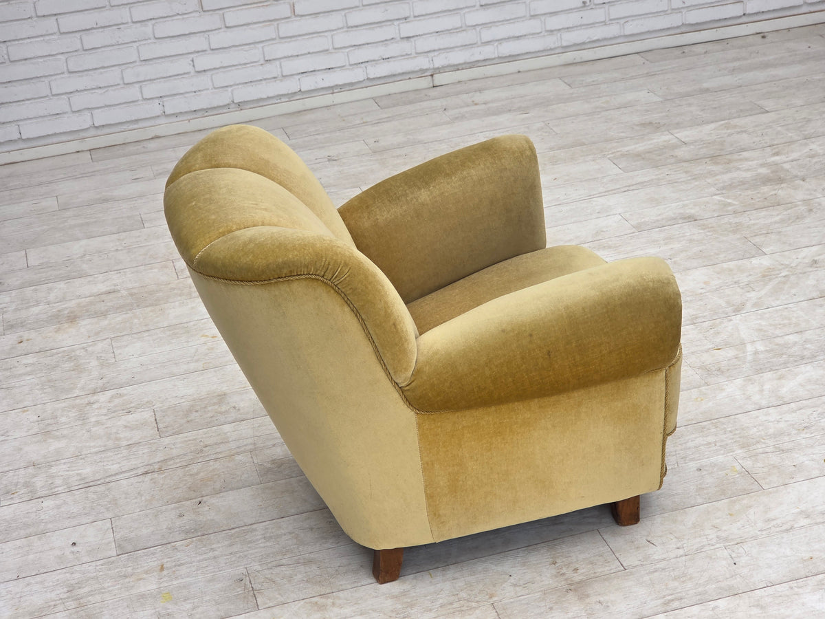 1960s, Danish relax armchair, furniture velour, oak wood.
