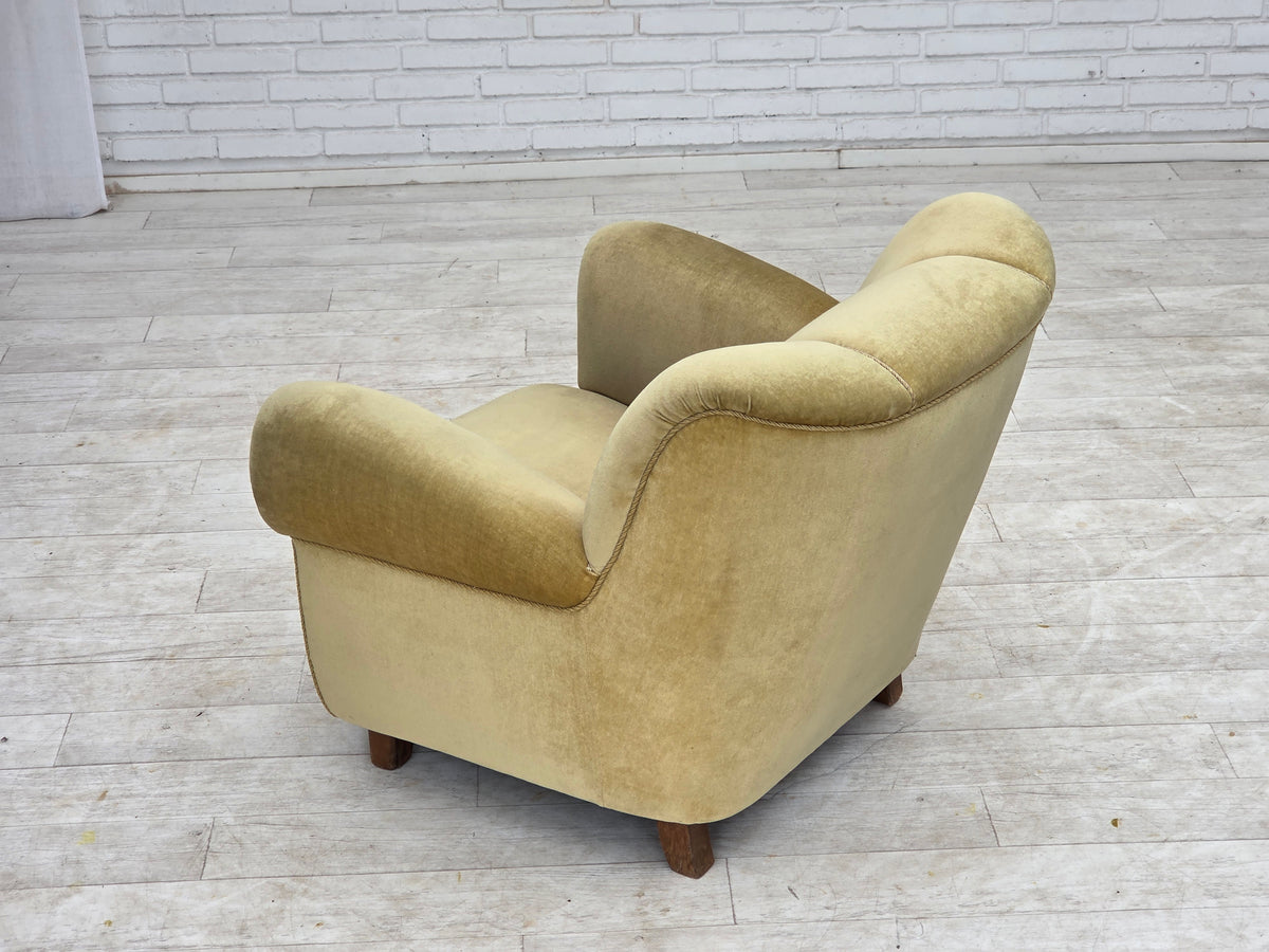 1960s, Danish relax armchair, furniture velour, oak wood.
