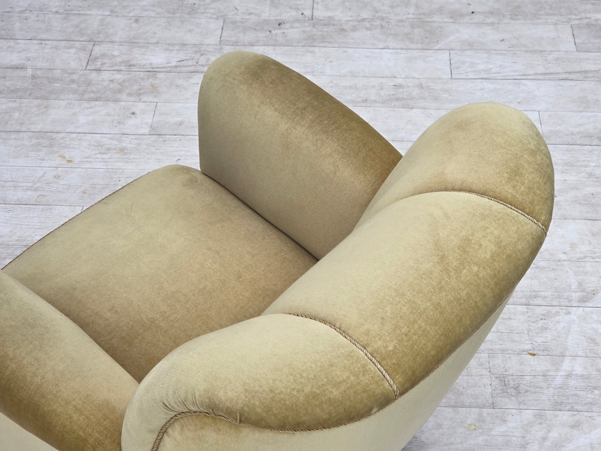 1960s, Danish relax armchair, furniture velour, oak wood.
