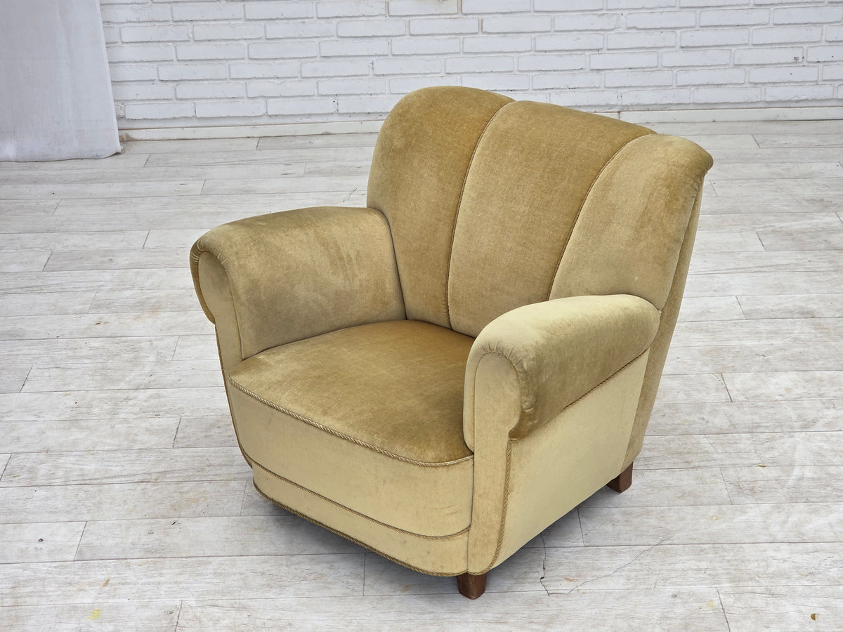 1960s, Danish relax armchair, furniture velour, oak wood.