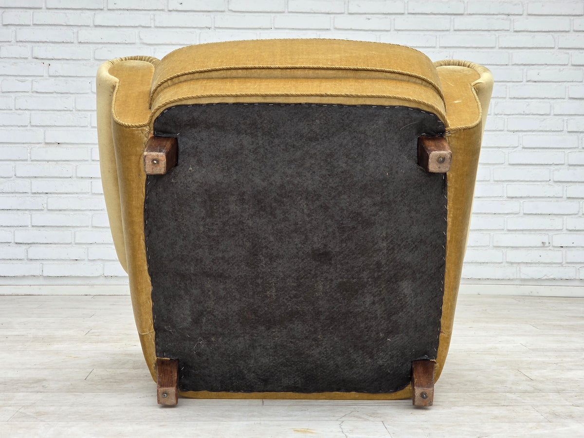 1960s, Danish relax armchair, furniture velour, oak wood.
