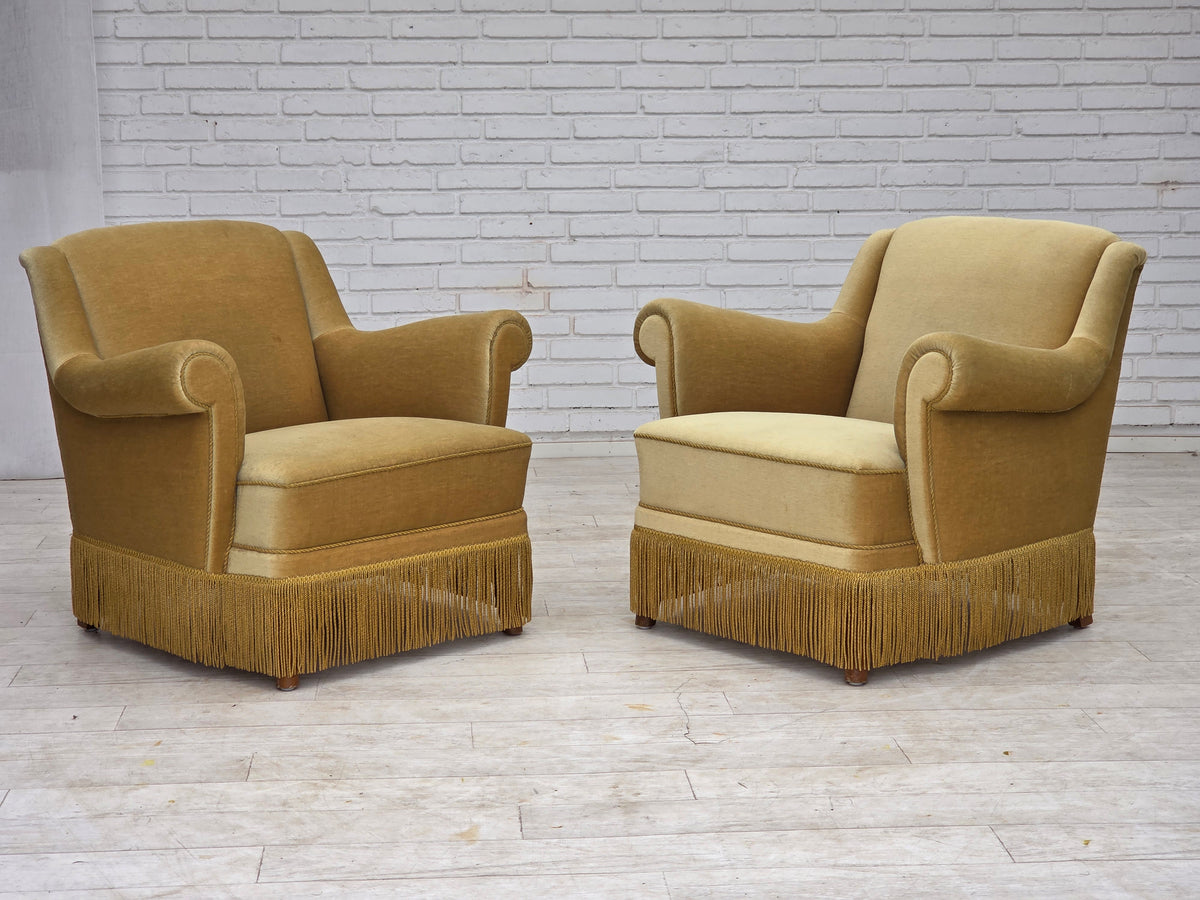 1970s, Danish armchair, furniture velour, oak wood legs.