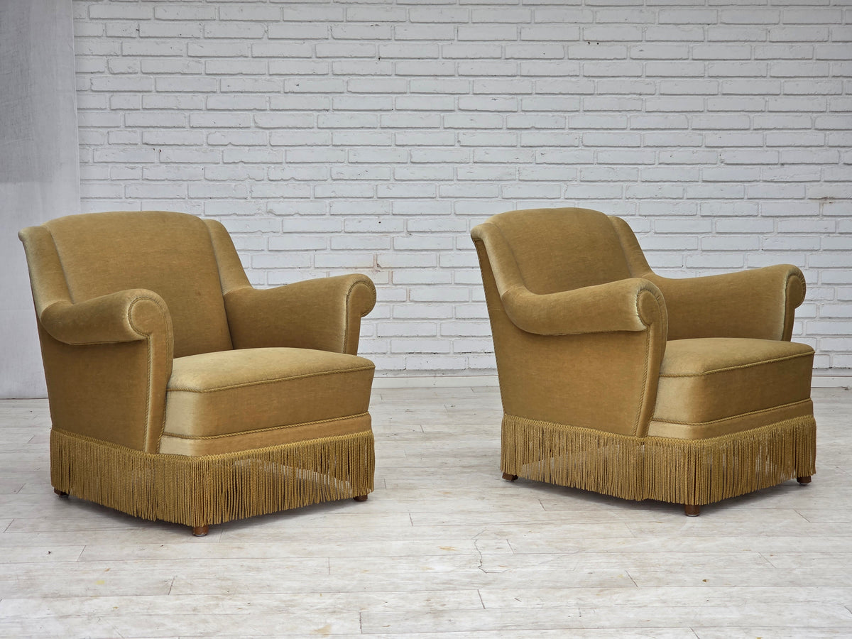 1970s, Danish armchair, furniture velour, oak wood legs.