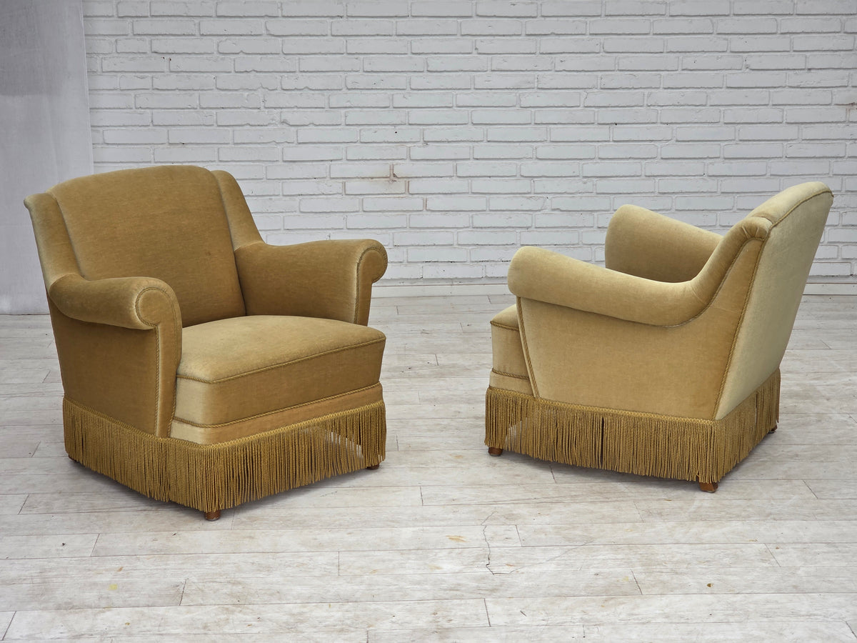 1970s, Danish armchair, furniture velour, oak wood legs.